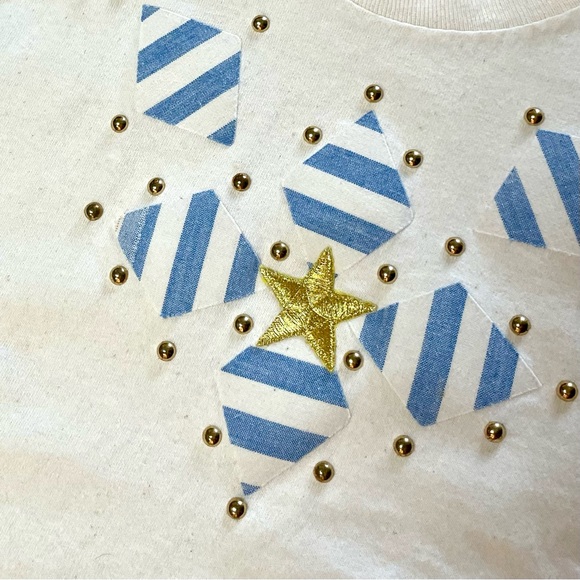 Vintage 1990s Nautical Striped + Stars Patchwork Studded Cropped T-Shirt - Picture 13 of 15
